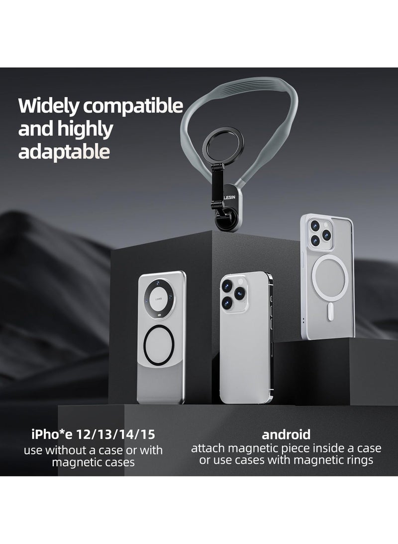 Magnetic Neck Mount for Phones, Neck Cell Phone Holder POV/Vlog Selfie Mount Hand Free Phone Neck Holder Chest Stand Strap Video Recording for iPhone 15 14 13 12 Seires Android Phones (Grey) - Image 2