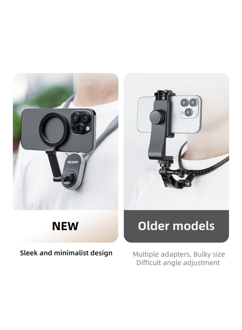 Magnetic Neck Mount for Phones, Neck Cell Phone Holder POV/Vlog Selfie Mount Hand Free Phone Neck Holder Chest Stand Strap Video Recording for iPhone 15 14 13 12 Seires Android Phones (Grey) - Image 4