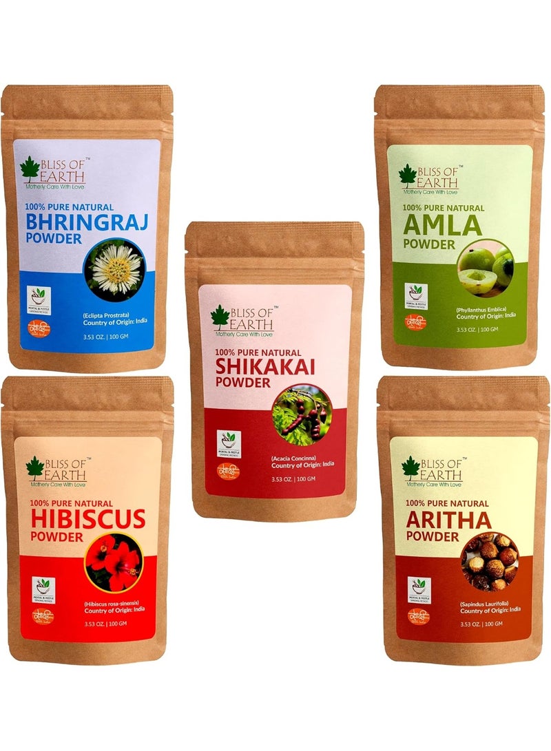 BLISS OF EARTH Amla Reetha Shikakai Bhringraj Hibiscus Powder Natural Hair Growth and Hair Mask 100gm Each Pack of 5 - Image 1