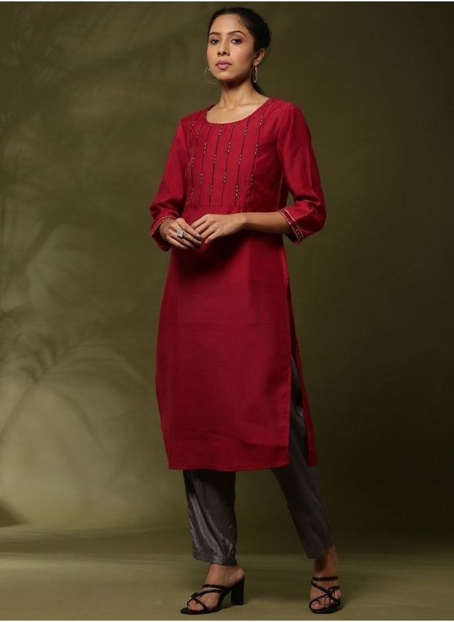 Abhishti Embroidered 3pc kurta set with cvontrast color pant and dupatta-  - Image 4