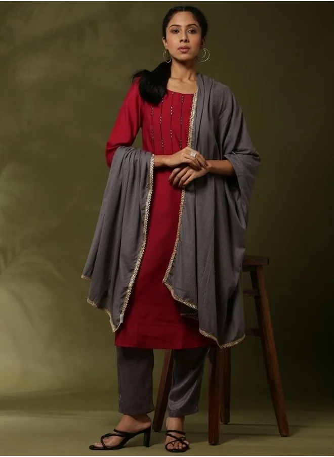 أبهشتي Embroidered 3pc kurta set with cvontrast color pant and dupatta-