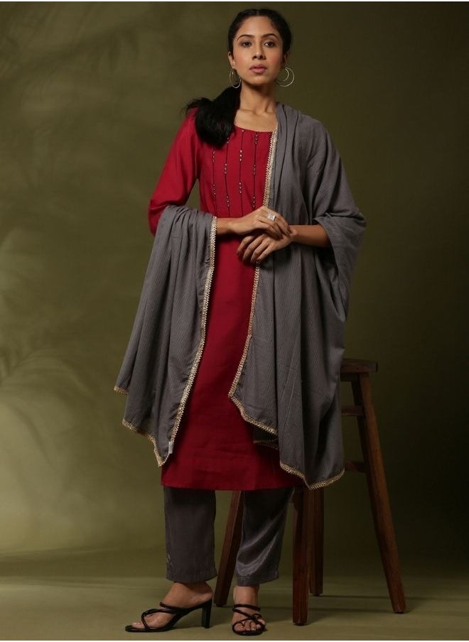 Abhishti - Embroidered 3pc kurta set with cvontrast color pant and dupatta- - Image 1