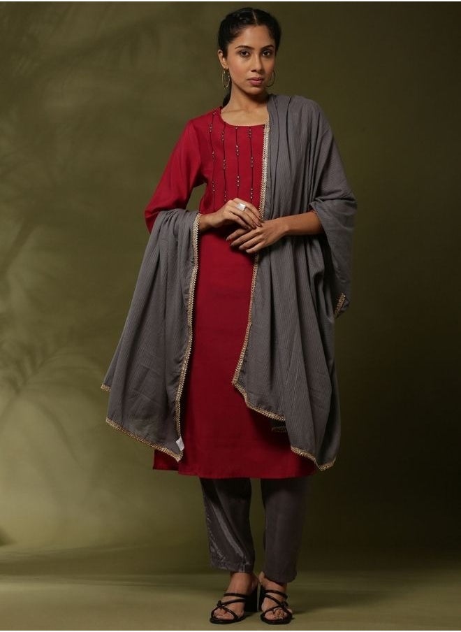 Abhishti Embroidered 3pc kurta set with cvontrast color pant and dupatta-  - Image 1