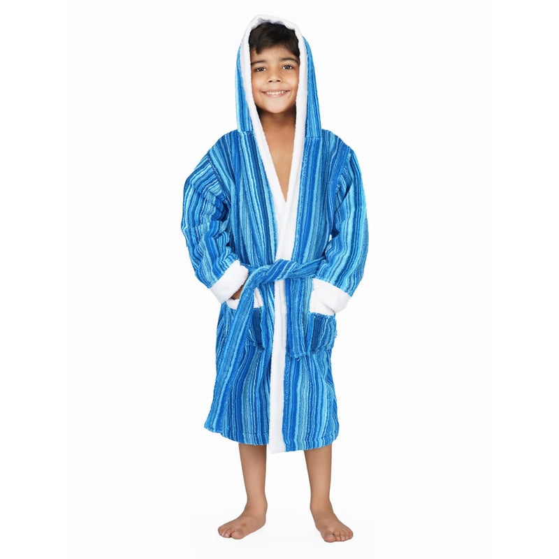 Rangoli Tonal 100% Cotton Hooded Bathrobe for Kids - Aqua, 400 GSM - Image 1
