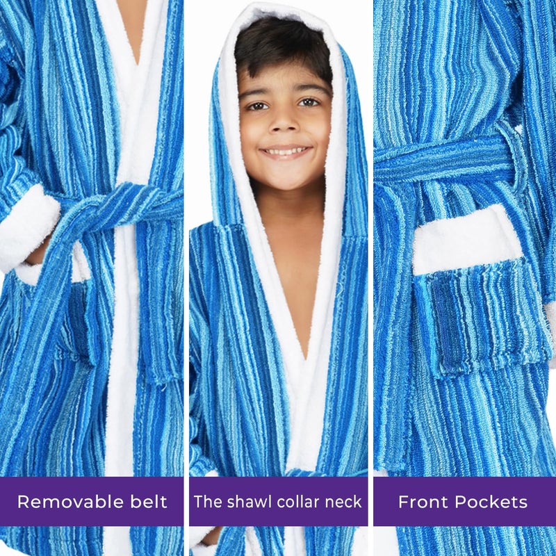 Rangoli Tonal 100% Cotton Hooded Bathrobe for Kids - Aqua, 400 GSM - Image 5