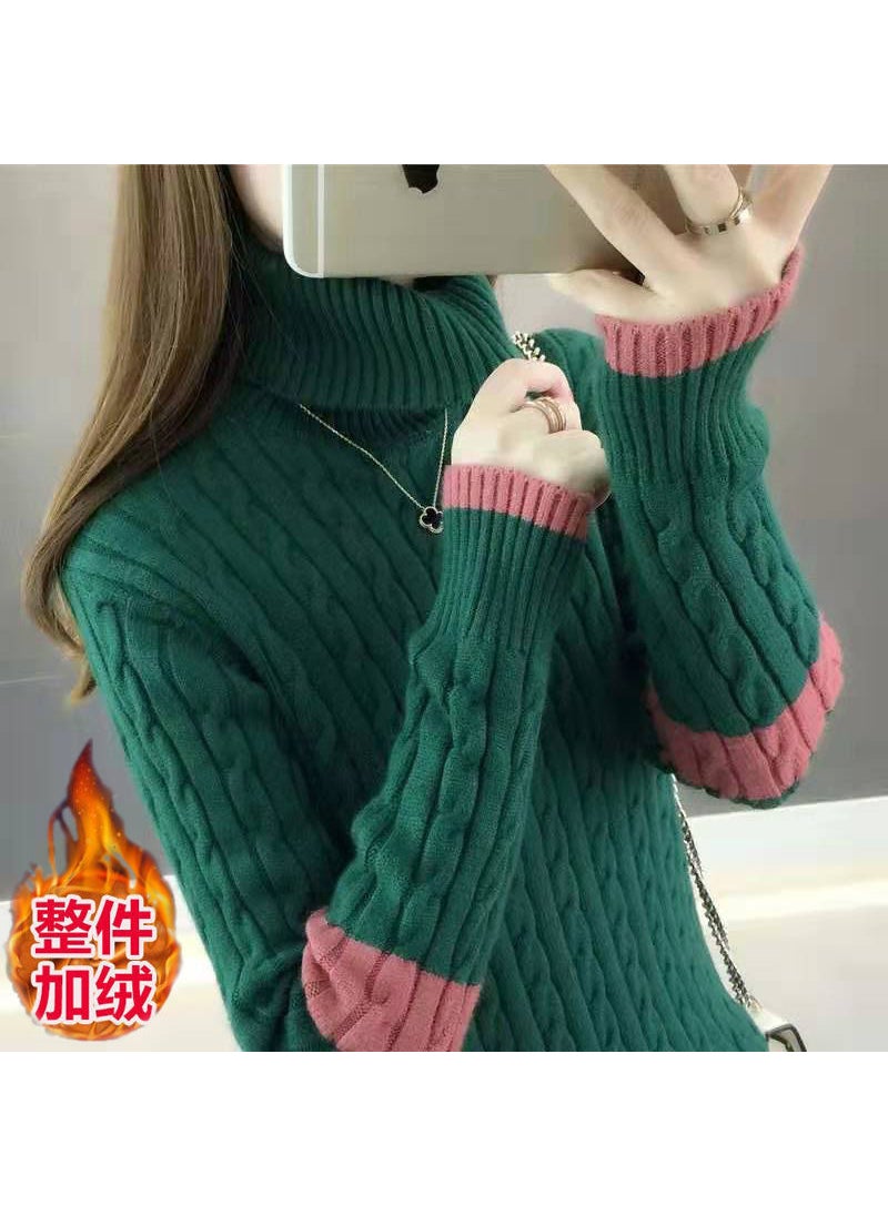 Generic - High-neck Thickened Wool Coat Women Autumn Winter Style Warm Long Sleeve Innerwear Base Knitted Shirt Urban Style Green [velvet thickened version] - Image 1