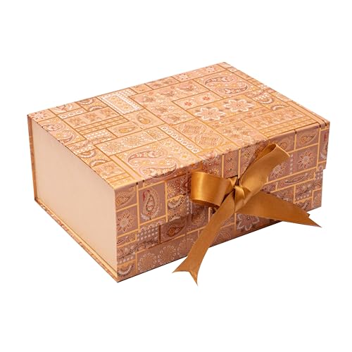 Boxotica Golden Floral Small Gift Box – Foldable Rigid Hamper with Ribbon & Greeting Card, Reusable Keepsake Box for Dry Fruits, Weddings, Birthdays, Housewarming Return Gifts, Thambulam & Vratham Kits | 23.5×17×10 cm - Image 1