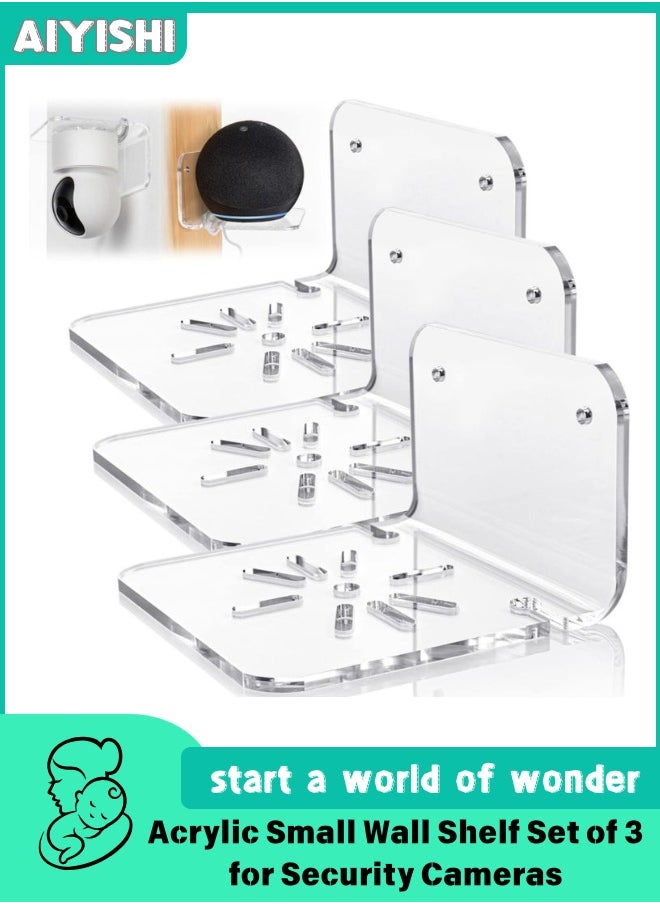 AIYISHI Acrylic Small Wall Shelf Set of 3 for Security Cameras, Speakers, Baby Monitors, Universal Adhesive Shelf Easy to Install No Drill, with Cable Clips (Clear)  - Image 1