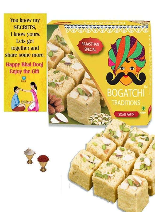 BOGATCHI Bhai Dooj Gift Traditional Soan Papdi, 400g + Free Bhai Dooj Greeting Card + Roli Chawal - Image 2