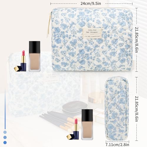 Gosect Floral Makeup Bag, Large Cosmetic Bag for Women Girls, Cute Cotton Make up Pouch, Quilted Makeup Bags, Flower Travel Toiletry Organizer Bag(Blue Floral) - Image 2