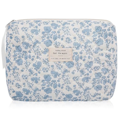 Gosect Floral Makeup Bag, Large Cosmetic Bag for Women Girls, Cute Cotton Make up Pouch, Quilted Makeup Bags, Flower Travel Toiletry Organizer Bag(Blue Floral) - Image 1