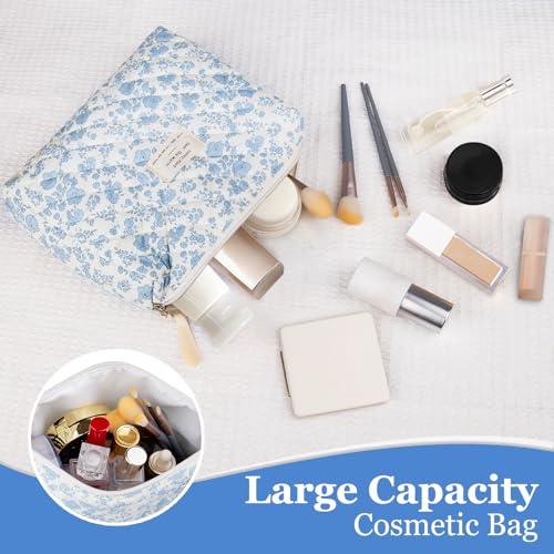 Gosect Floral Makeup Bag, Large Cosmetic Bag for Women Girls, Cute Cotton Make up Pouch, Quilted Makeup Bags, Flower Travel Toiletry Organizer Bag(Blue Floral) - Image 4