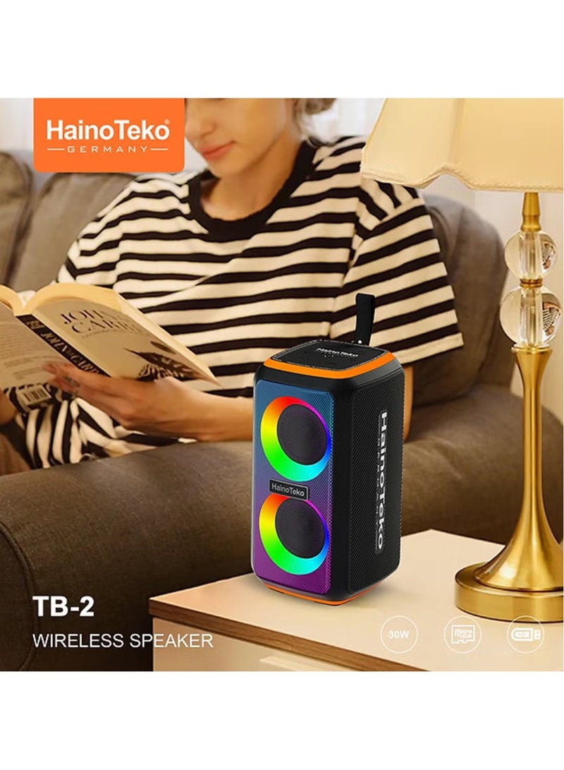 HainoTeko مكبر صوت بلوتوث محمول TB-2 مع إضاءة RGB – قدرة إخراج 30 واط، تحكم زر متعدد الوظائف، تصميم مدمج – أسود – صوت عالي الجودة، عرض ضوء LED أنيق، وبطارية طويلة الأمد للاستخدام في المنزل، الحفلات، والأنشطة الخارجية - Image 2