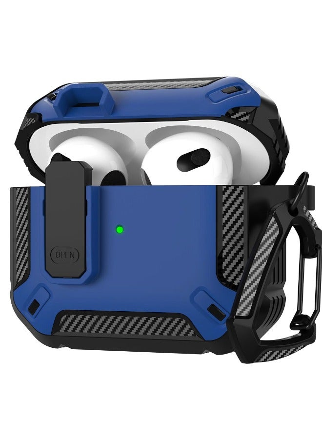 غطاء الجيل الثالث من Apple Airpods مع قفل، حافظة Airpods 3، حافظة واقية من الجيل Airpods 3، غطاء صلب عسكري مقاوم للصدمات مع سلسلة مفاتيح لـ Apple Airpods 3 2021 (أسود/أزرق) - Image 1