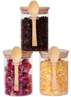 3pcs Glass Jars with Bamboo Lids & Spoons 550ml Airtight Glass Spice Jars Clear Sugar Container Food Storage Containers for Coffee Beans Spice Sugar Tea Nuts Candy Salts