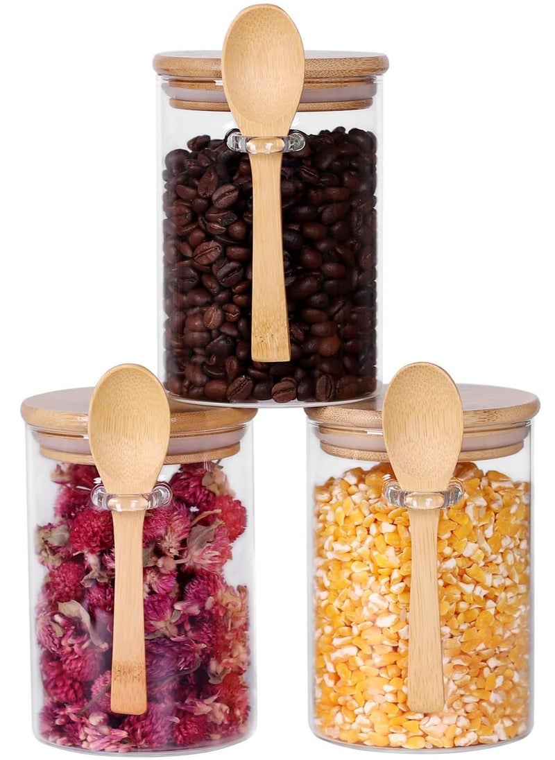 SKY-TOUCH - 3pcs Glass Jars with Bamboo Lids & Spoons 550ml Airtight Glass Spice Jars Clear Sugar Container Food Storage Containers for Coffee Beans Spice Sugar Tea Nuts Candy Salts - Image 1