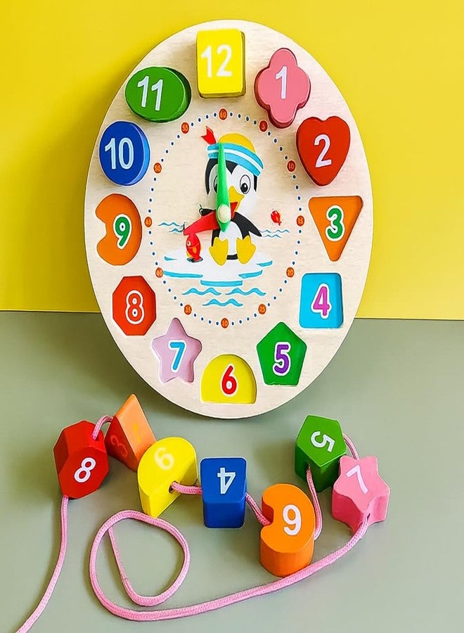 ROZADIO Wooden Learning Clock with Bead Lace, Educational Digital Analog Numbers, Shape & Color Learning Montessori Toy for Kids (Pack of 1, Multicolor) - Image 3