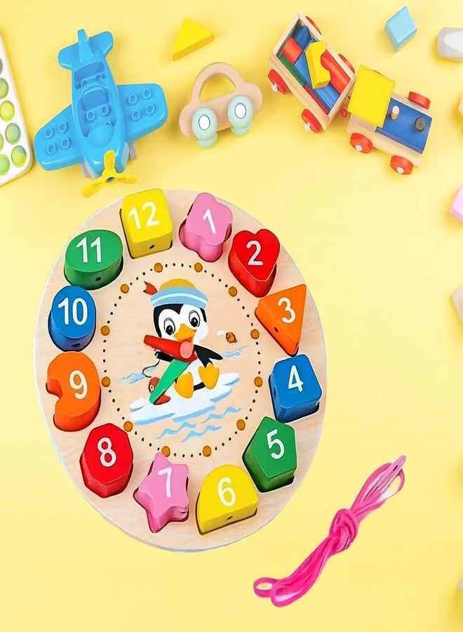 ROZADIO Wooden Learning Clock with Bead Lace, Educational Digital Analog Numbers, Shape & Color Learning Montessori Toy for Kids (Pack of 1, Multicolor) - Image 2