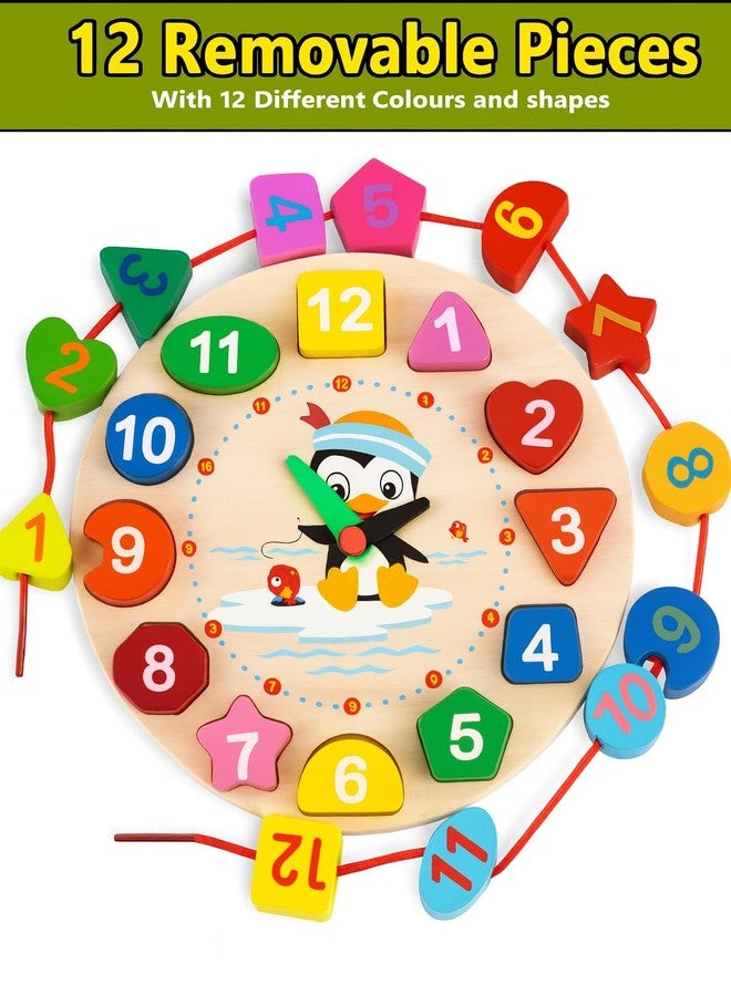 ROZADIO Wooden Learning Clock with Bead Lace, Educational Digital Analog Numbers, Shape & Color Learning Montessori Toy for Kids (Pack of 1, Multicolor) - Image 4