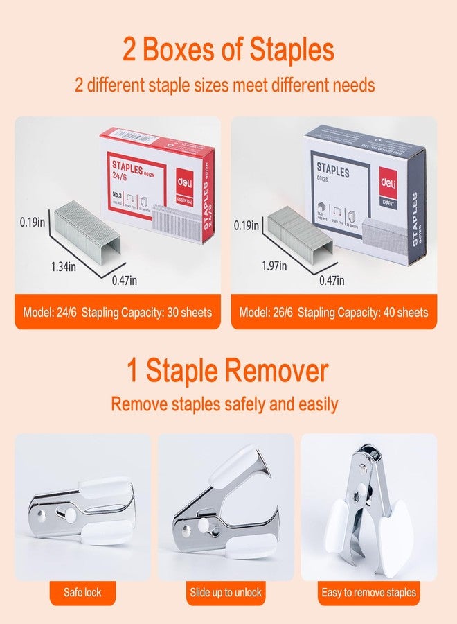 ديلي دباسة مكتبية سهلة الاستخدام من ديلي، دباسة شديدة التحمل، سعة 40-50 ورقة، استخدام بإصبع واحد، بدون جهد، تتضمن دبابيس ومزيل دبابيس، لون أبيض - Image 4