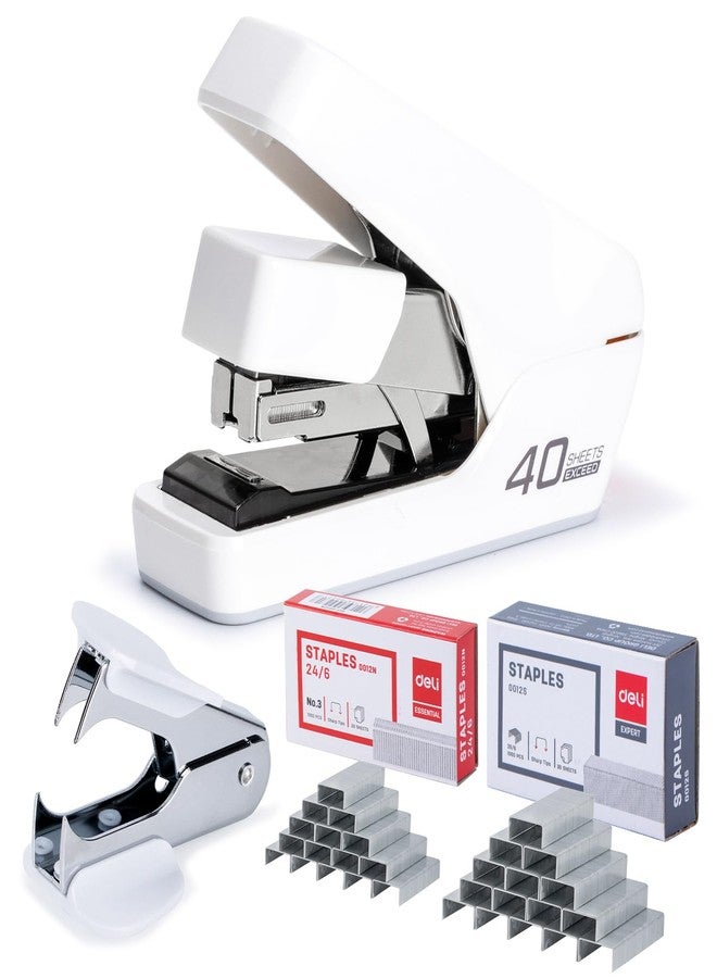 ديلي دباسة مكتبية سهلة الاستخدام من ديلي، دباسة شديدة التحمل، سعة 40-50 ورقة، استخدام بإصبع واحد، بدون جهد، تتضمن دبابيس ومزيل دبابيس، لون أبيض - Image 1