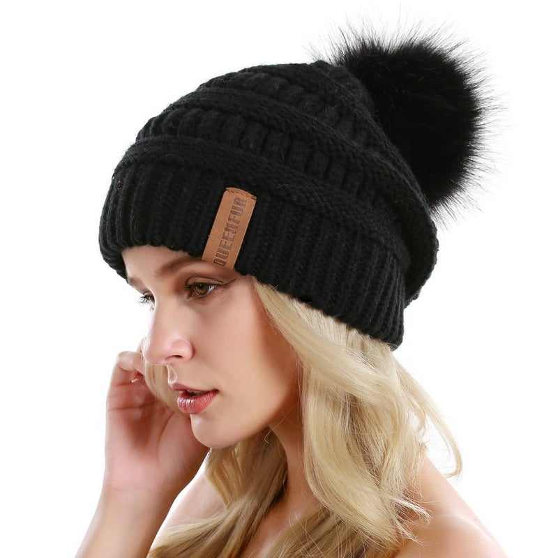 QUEENFUR Women Knit Slouchy Beanie Chunky Baggy Hat with Faux Fur Pompom Winter Soft Warm Ski Cap - Image 3
