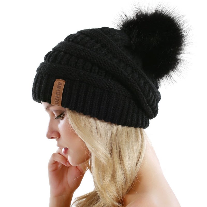QUEENFUR Women Knit Slouchy Beanie Chunky Baggy Hat with Faux Fur Pompom Winter Soft Warm Ski Cap - Image 2