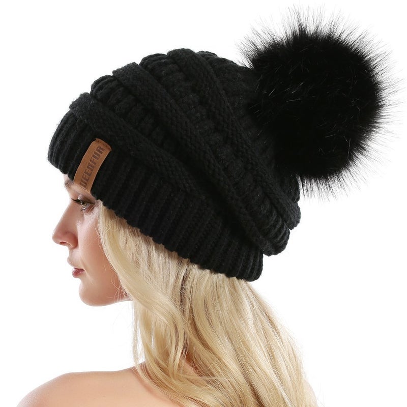 QUEENFUR Women Knit Slouchy Beanie Chunky Baggy Hat with Faux Fur Pompom Winter Soft Warm Ski Cap - Image 1
