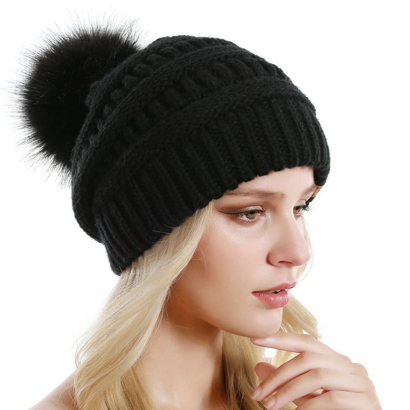 QUEENFUR Women Knit Slouchy Beanie Chunky Baggy Hat with Faux Fur Pompom Winter Soft Warm Ski Cap - Image 4
