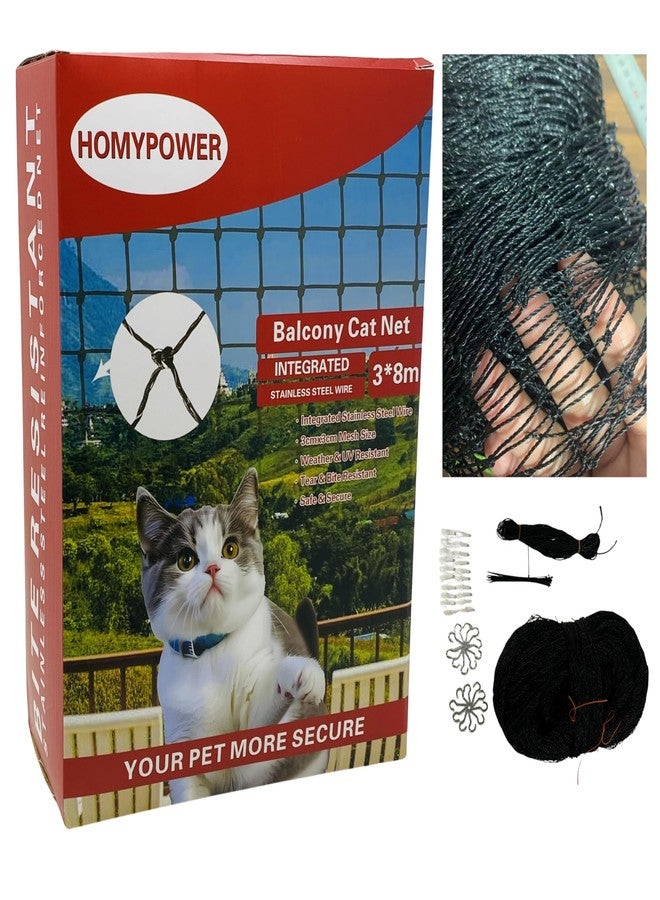 HOMYPOWER Cat Netting Balcony, Stainless Steel Reinforced Bite Tear UV and Weather-Resistant Anti-Fall Netting for Pets, Safety Net for Cat, Small Catio for Apartment Balcony Protection (10x26 ft) - Image 1