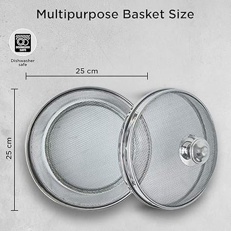 KAVSIYA Round Fridge Basket -Stainless Steel Refrigerator Net Basket Box with Cover, Easy to Open and Close Washing Bowl with Lid Safe for Fruit, Vegetable (ROUND FRIDGE BASKET (23CM) - Image 3