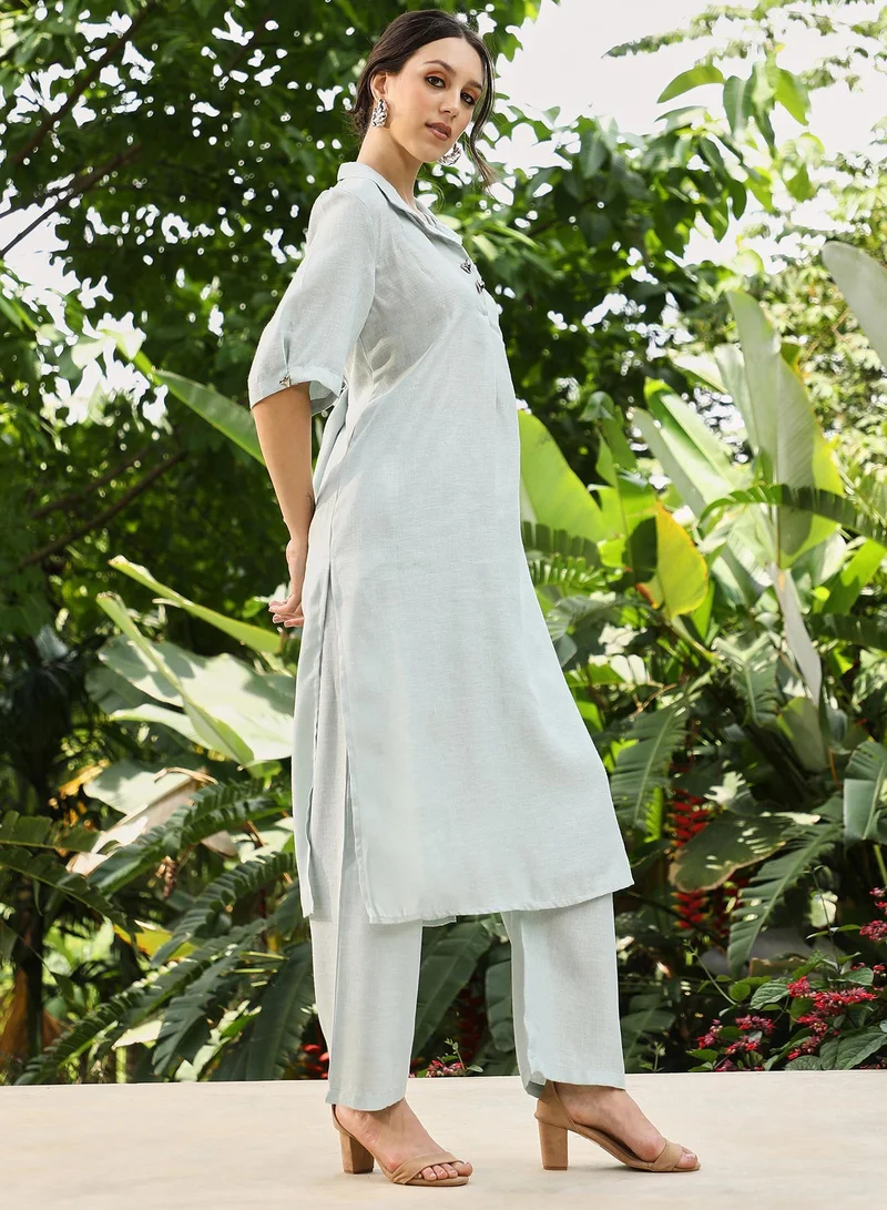 QISSA  Qissa Women's Powder Blue Solid Linen-Blend Kurta Set For Casual Wear | Spread Collar | Quarter Cuffed Sleeves | 2 Piece Kurta Set Designed With Comfort Fit For Everyday Ethnic Wear for Women | Best Price UAE