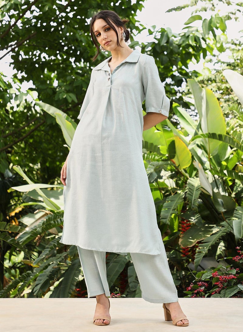 Qissa Women's Powder Blue Solid Linen-Blend Kurta Set For Casual Wear | Spread Collar | Quarter Cuffed Sleeves | 2 Piece Kurta Set Designed With Comfort Fit For Everyday Ethnic Wear - Image 2