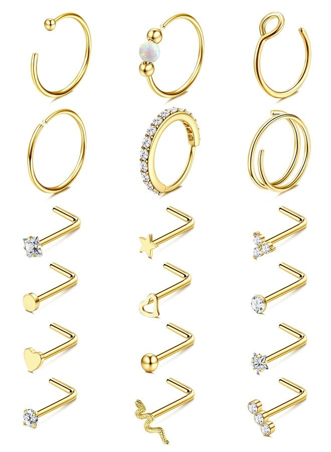 Jstyle 14K Gold Nose Rings for Women Men - 20G Stainless Steel Nose Rings Hoops L Shaped Studs Hypoallergenic Nostril Piercings Jewelry Helix Cartilage Daith Tragus Sleeper Earring Gold - Image 1