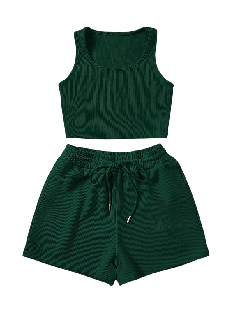 Women's Green Sleeveless Tank Top & Drawstring Shorts Set - Casual, Solid Color - Image 1