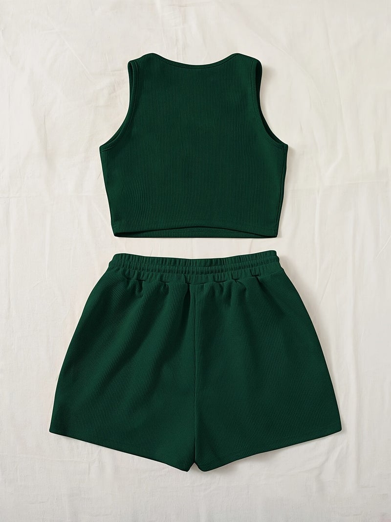 Women's Green Sleeveless Tank Top & Drawstring Shorts Set - Casual, Solid Color - Image 3