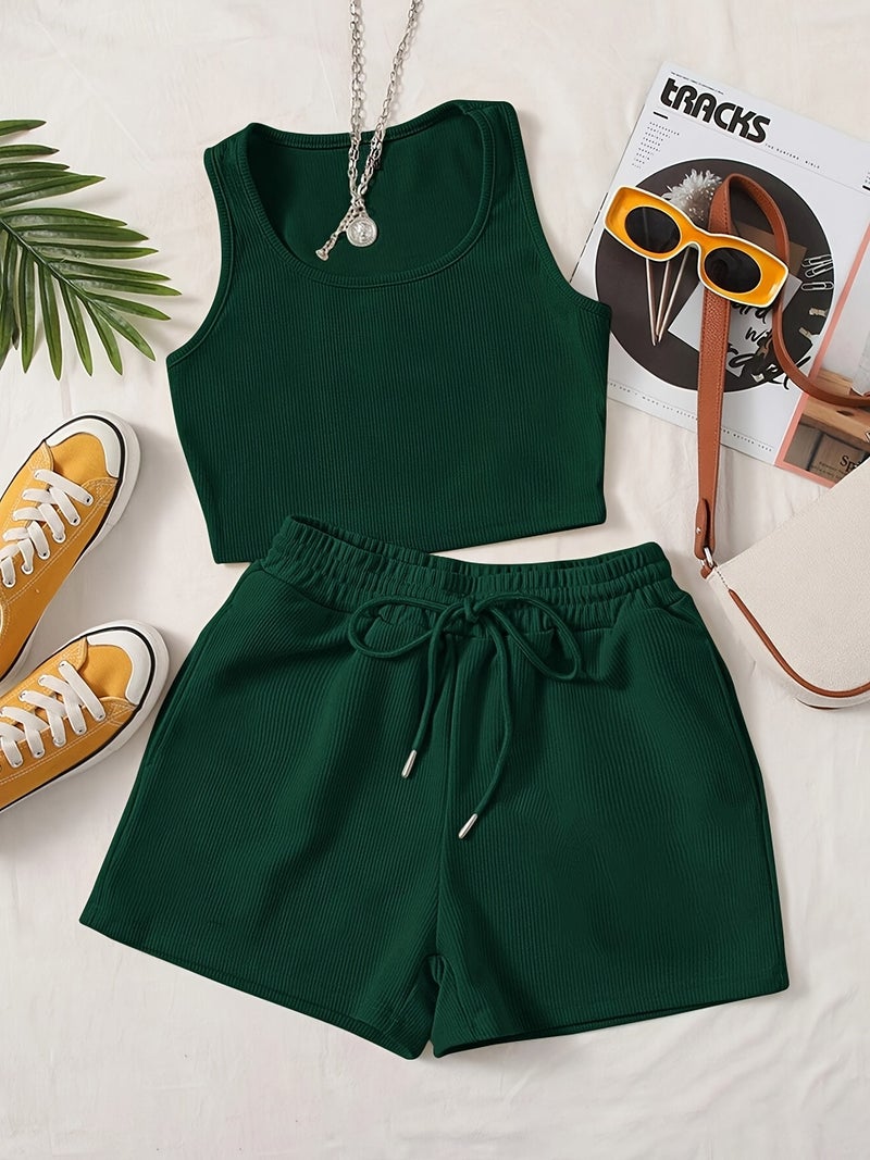 Women's Green Sleeveless Tank Top & Drawstring Shorts Set - Casual, Solid Color - Image 2