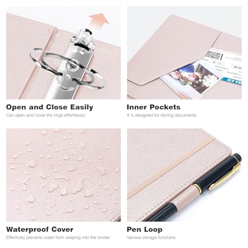 Ospelelf Vintage Hardcover 3 Ring 2 inch Leather Binder, Professional Binders Organizer Suitable for Letter Size Documents, Binder Dividers with Tabs, Rose Gold - Image 3