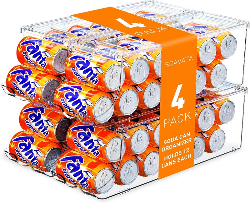 SCAVATA 4 Pack Soda Can Organizer for Refrigerator, Stackable Canned Food Pop Cans Container Can Holder Dispenser with Lid for Fridge Rack Freezer, Clear Storage Bins-Holds 12 Cans Each (Transparent) - Image 1