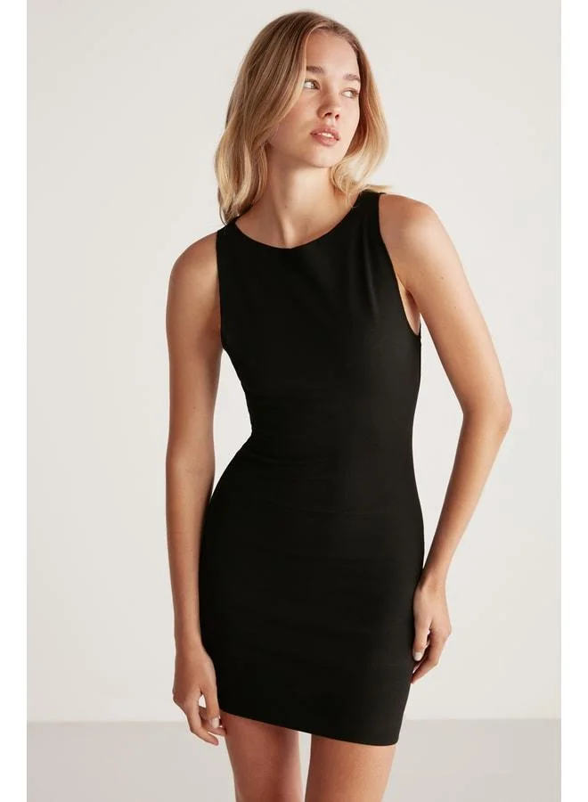 Ethiquet Jessica Women's Elastic Fabric Superimposed Body Fully Covering Round Neck Mini Black Dress.