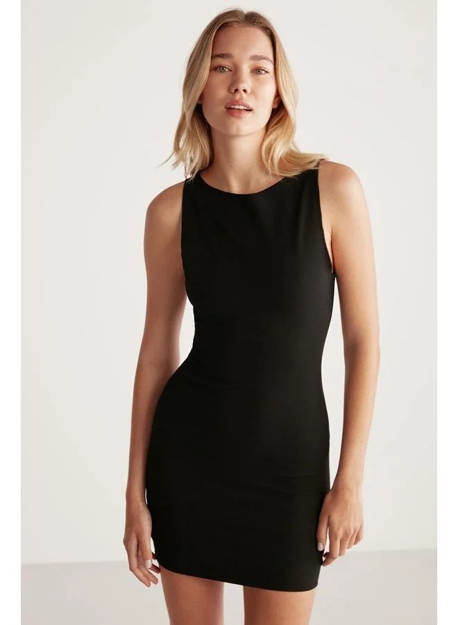 Ethiquet Jessica Women's Elastic Fabric Superimposed Body Fully Covering Round Neck Mini Black Dress.