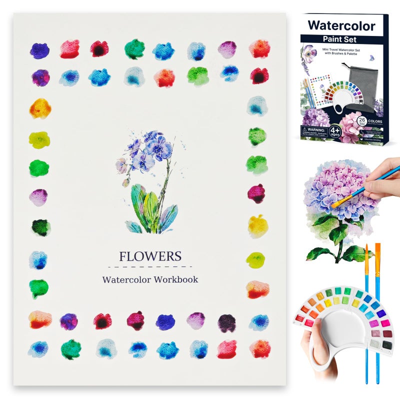 DPDPPL Watercolor Workbook, Water Coloring Book with 13 Pages 300GSM Paper, 26 Colors Watercolor Paint Set with Brush & Storage Bag, Beginner-Friendly Coloring Book for Adults - Flowers Theme Art Kit - Image 1