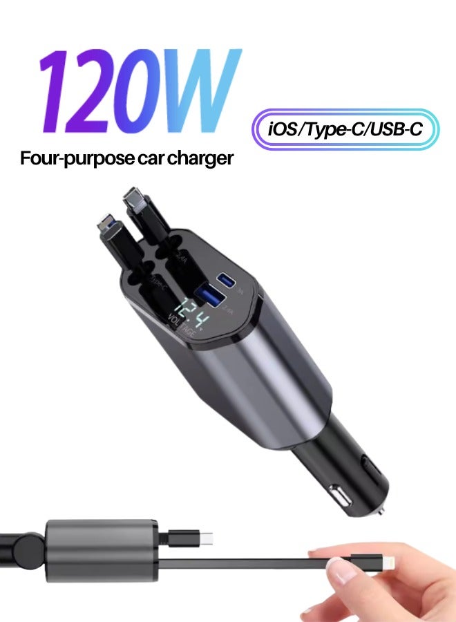 NEW 120W Retractable Car Charger 4-in-1: Auto-Rewind 31.5" Cable + 2 USB Ports - PD/QC 3.0 Fast Charging for iPhone 16/15 Pro, Galaxy S24, iPad - Overheat Protection & Alloy Housing - Black  - Image 1