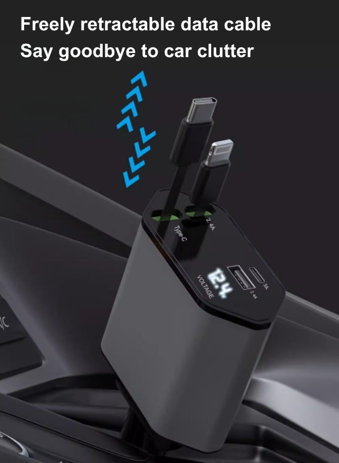 NEW 120W Retractable Car Charger 4-in-1: Auto-Rewind 31.5" Cable + 2 USB Ports - PD/QC 3.0 Fast Charging for iPhone 16/15 Pro, Galaxy S24, iPad - Overheat Protection & Alloy Housing - Black  - Image 3