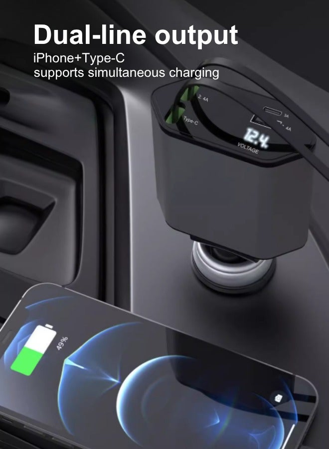 NEW 120W Retractable Car Charger 4-in-1: Auto-Rewind 31.5" Cable + 2 USB Ports - PD/QC 3.0 Fast Charging for iPhone 16/15 Pro, Galaxy S24, iPad - Overheat Protection & Alloy Housing - Black  - Image 5