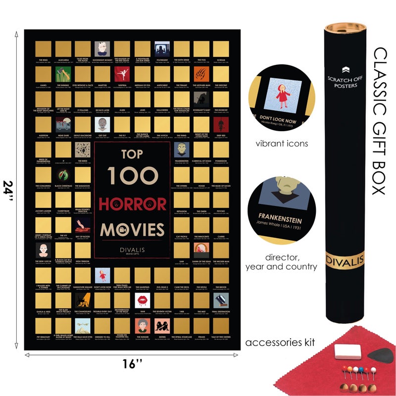 Divalis Top 100 Horror Movies Scratch off Poster - Large Cinema Scratchable Poster - Horrors of all Time Bucket List - Must See Movie Challenge - Essential Horrors Scratch off Calendars - Films to Watch - Image 3
