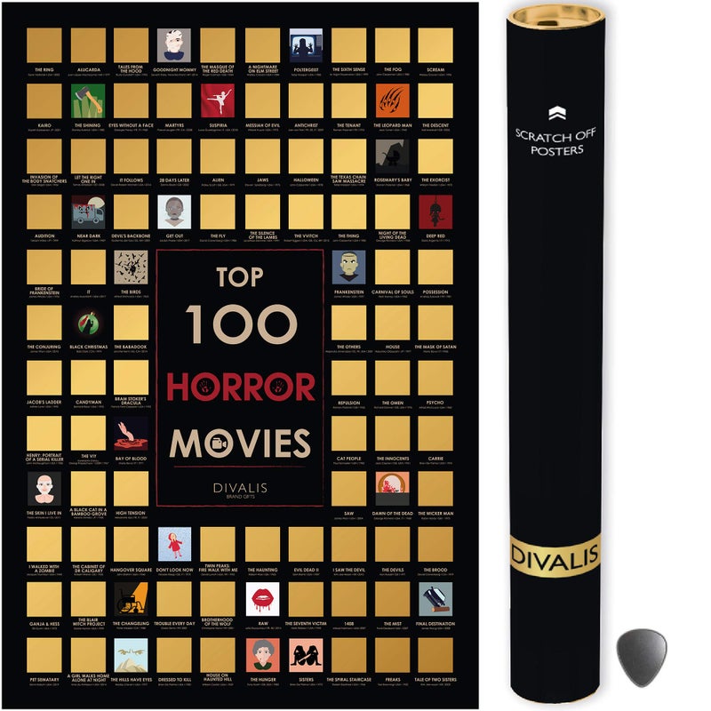 Divalis Top 100 Horror Movies Scratch off Poster - Large Cinema Scratchable Poster - Horrors of all Time Bucket List - Must See Movie Challenge - Essential Horrors Scratch off Calendars - Films to Watch - Image 1