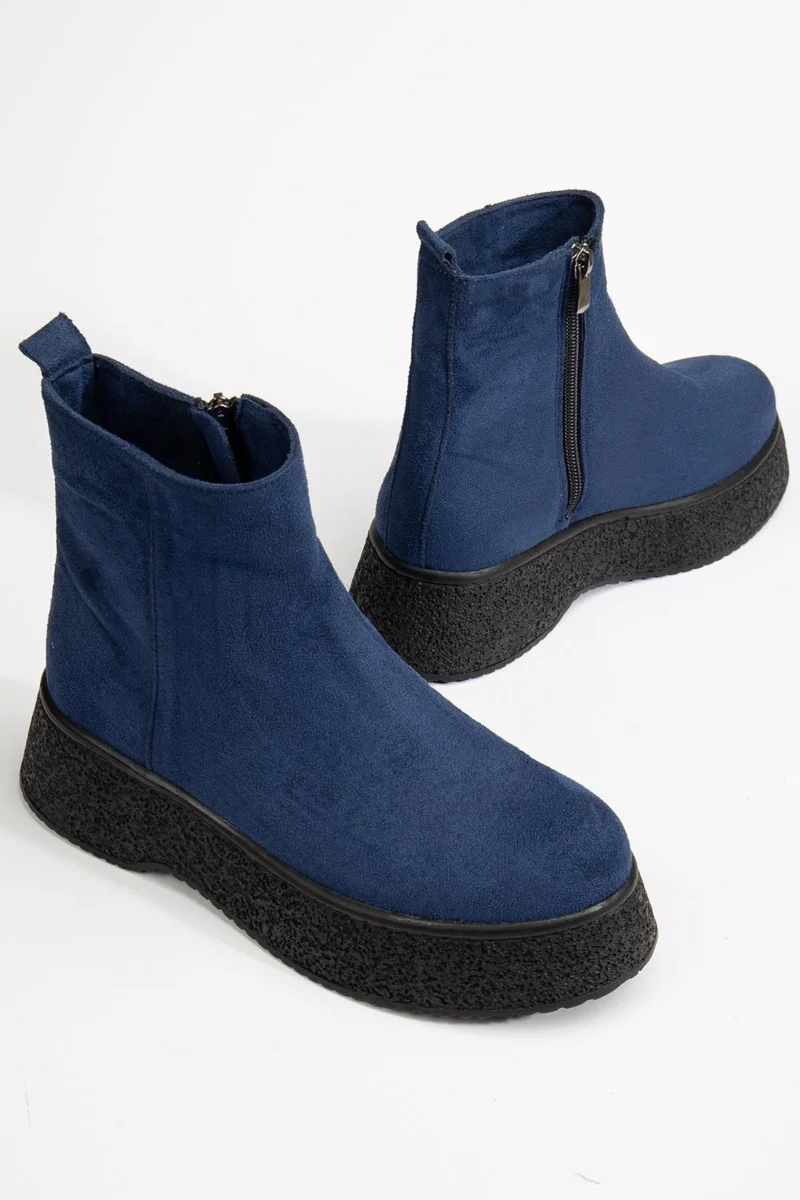 Dilimler Ayakkabı Slices Shoes Women Boots Navy Blue Thick Sole Suede Laceless Flat