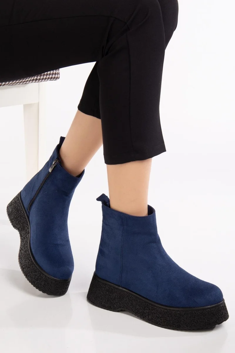Dilimler Ayakkabı Slices Shoes Women Boots Navy Blue Thick Sole Suede Laceless Flat