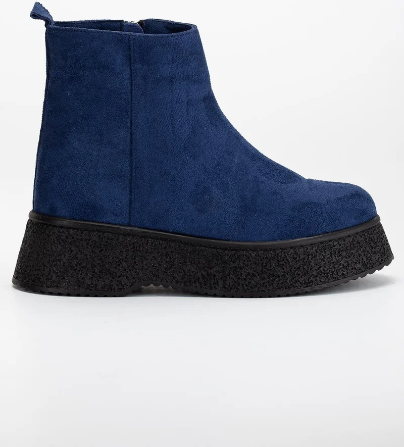 Dilimler Ayakkabı Slices Shoes Women Boots Navy Blue Thick Sole Suede Laceless Flat